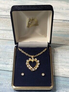 Gold-Tone Heart Pendant Necklace and Stud Earrings Set - Sparkling Clear Stones